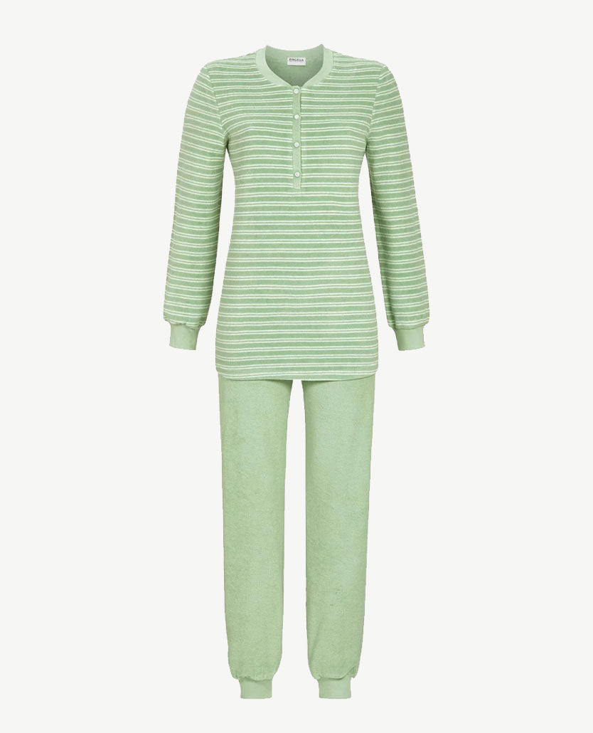 Ringella - Pyjama knoopsluiting - Frottée badstof - Zacht groen met wit