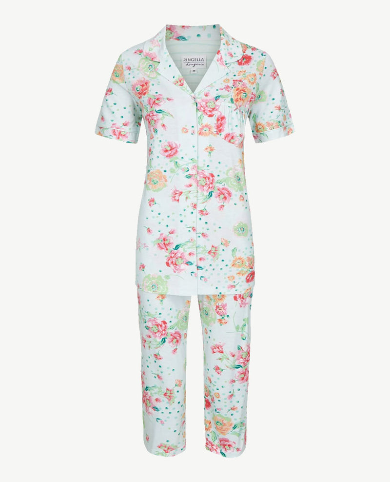 Ringella - Pyjama knoopsluiting en kraag - Groen met roze bloemenprint