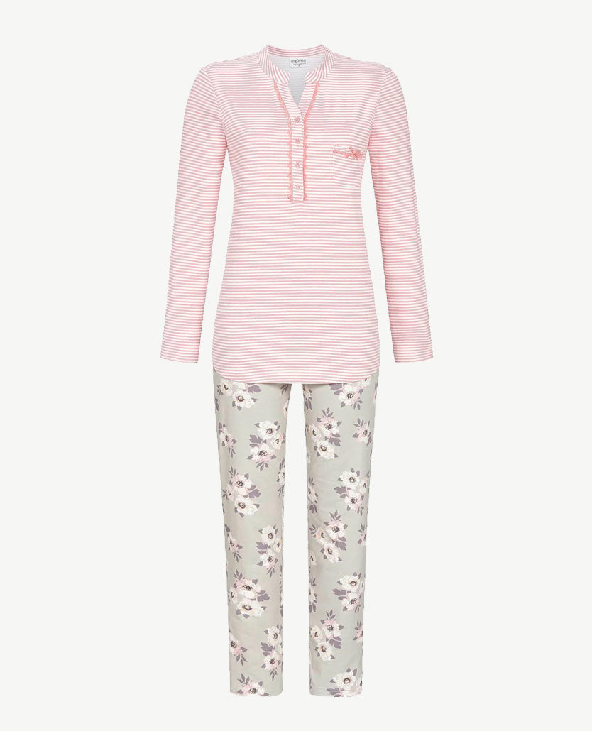 Ringella - Pyjama-lounge - knoopsluiting - Streep met bloem in tau pe en roze