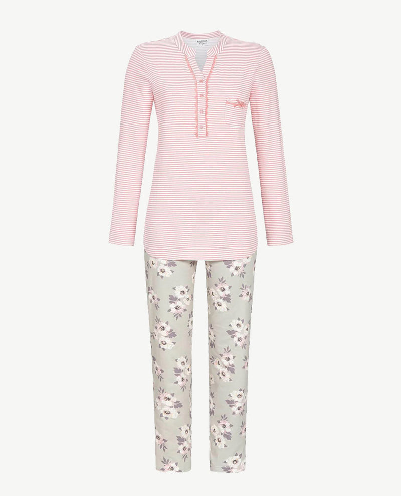 Ringella - Pyjama-lounge - knoopsluiting - Streep met bloem in tau pe en roze