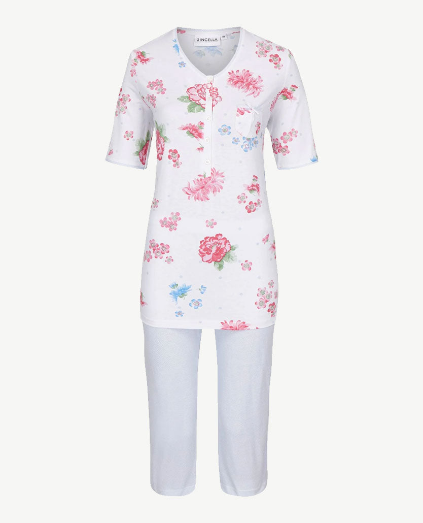 Ringella - Pyjama met capribroek - Dessin bloemen en nopje lichtblauw/wit