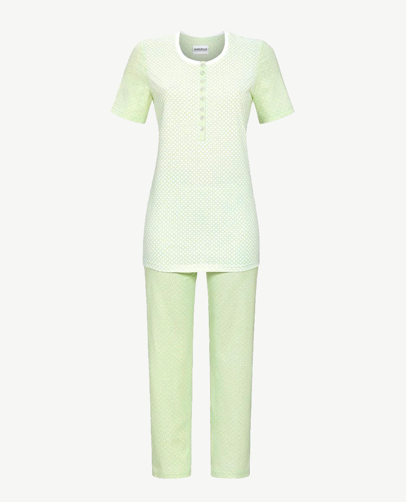 Ringella - Pyjama ronde hals - Knoopsluiting en 7-8 broek - Mintgroen met wit blokje en rondje