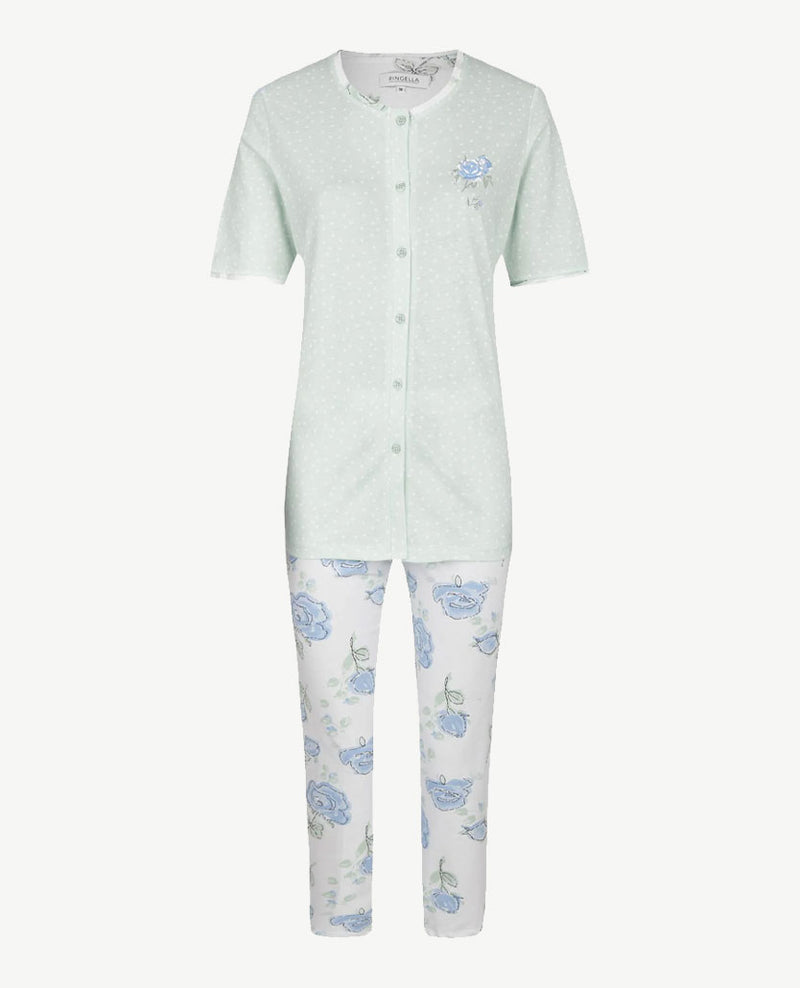 Ringella - Pyjama ronde hals - doorknoop en 7/8 broek - wit/groen nopje en bloemdessin