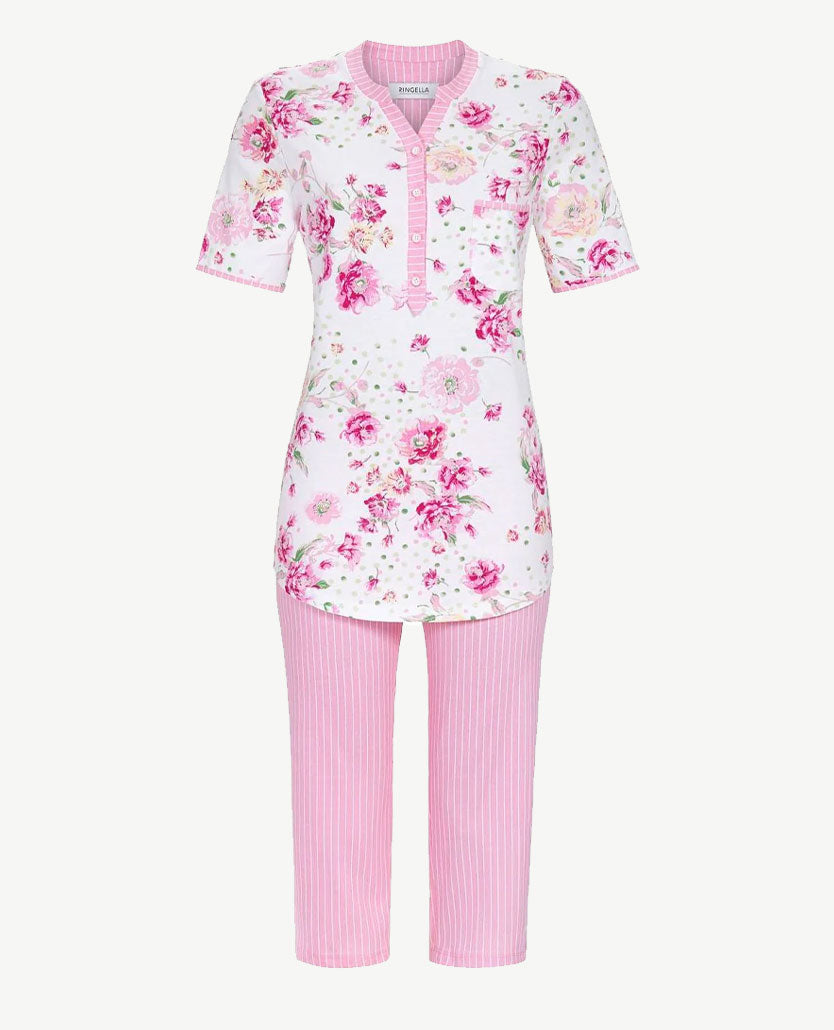 Ringella - Pyjama ronde v-hals - 3/4 broek - Dessin en streep roze bloem en wit