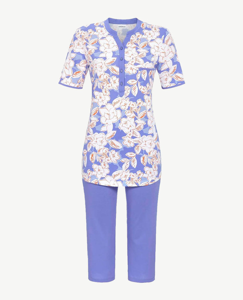 Ringella - Pyjama ronde v-hals - capri broek - Lavendel, wit en oranje