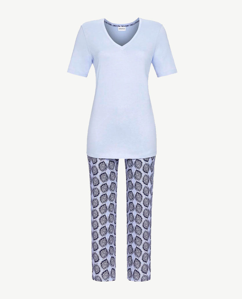 Ringella - Pyjama/lounge - met capribroek - Lavendel blauw met bladdessin