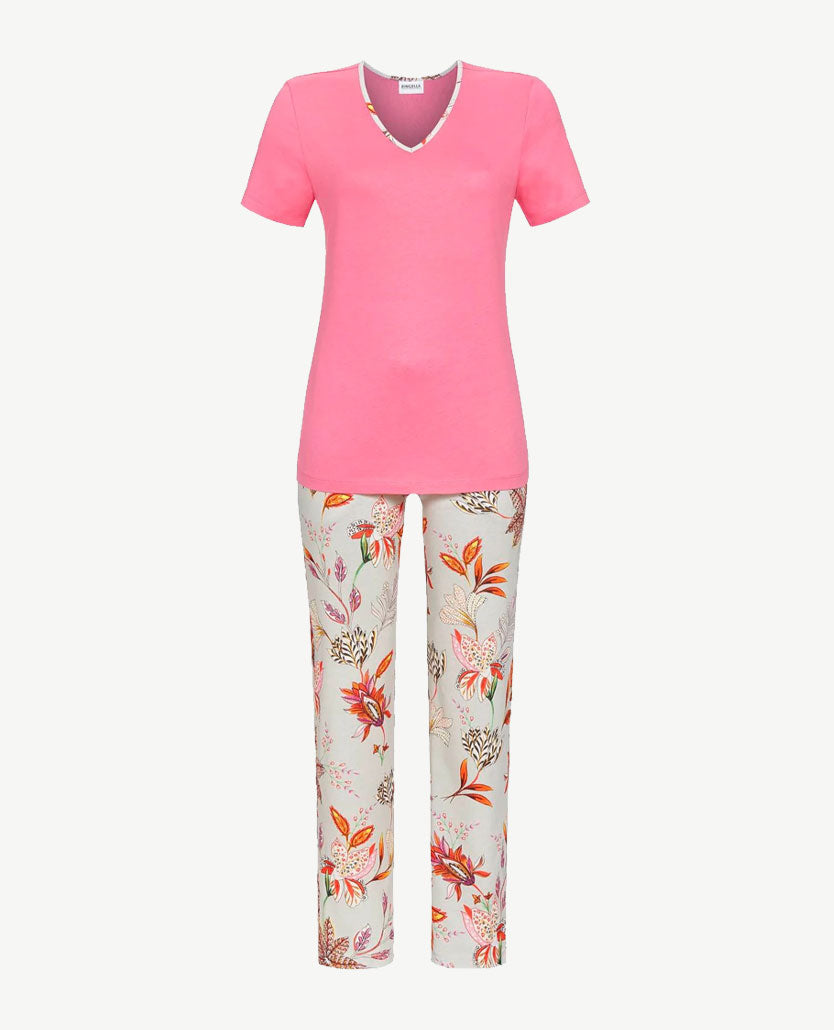 Ringella - Pyjama/lounge - met capribroek - Rose met dessin op grijs