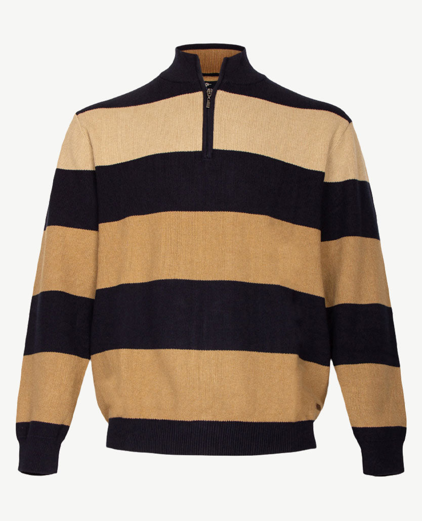 Baileys - Polo met rits - Gebreid - Streep - Navy, beige en camel