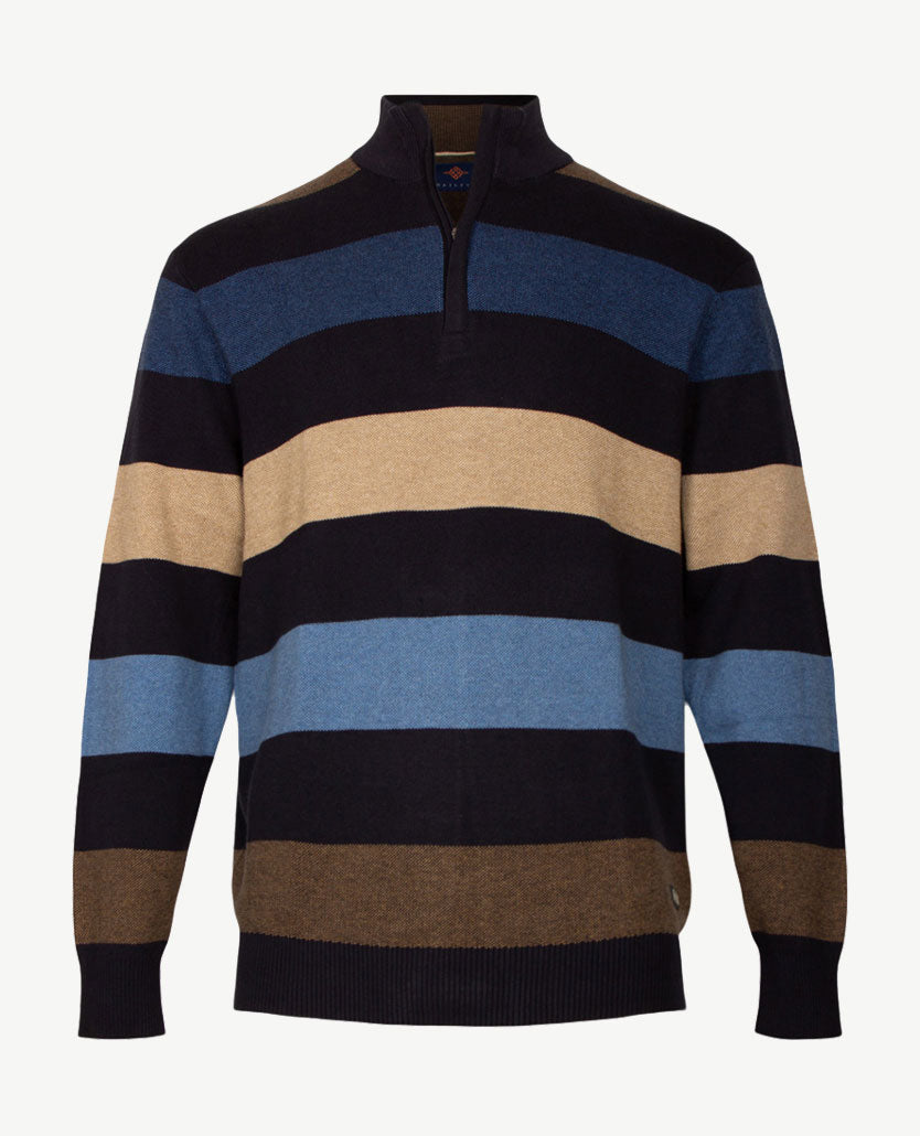 Baileys - Polo met rits - Gebreid - Streep - Navy, beige, camel en blauwen