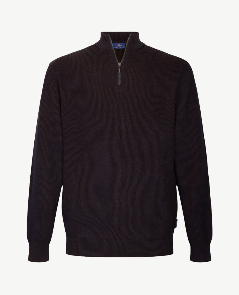 Baileys - Polo met rits - Ribbel gebreid - Two tone - Navy met cognac