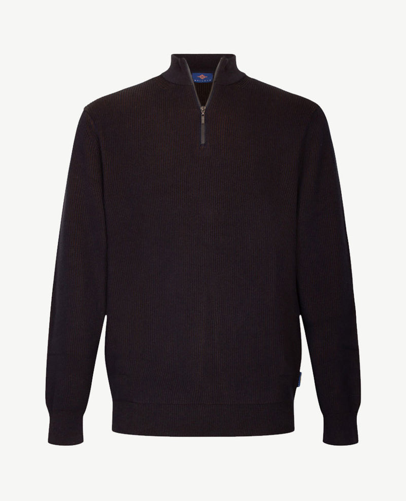 Baileys - Polo met rits - Ribbel gebreid - Two tone - Navy met cognac