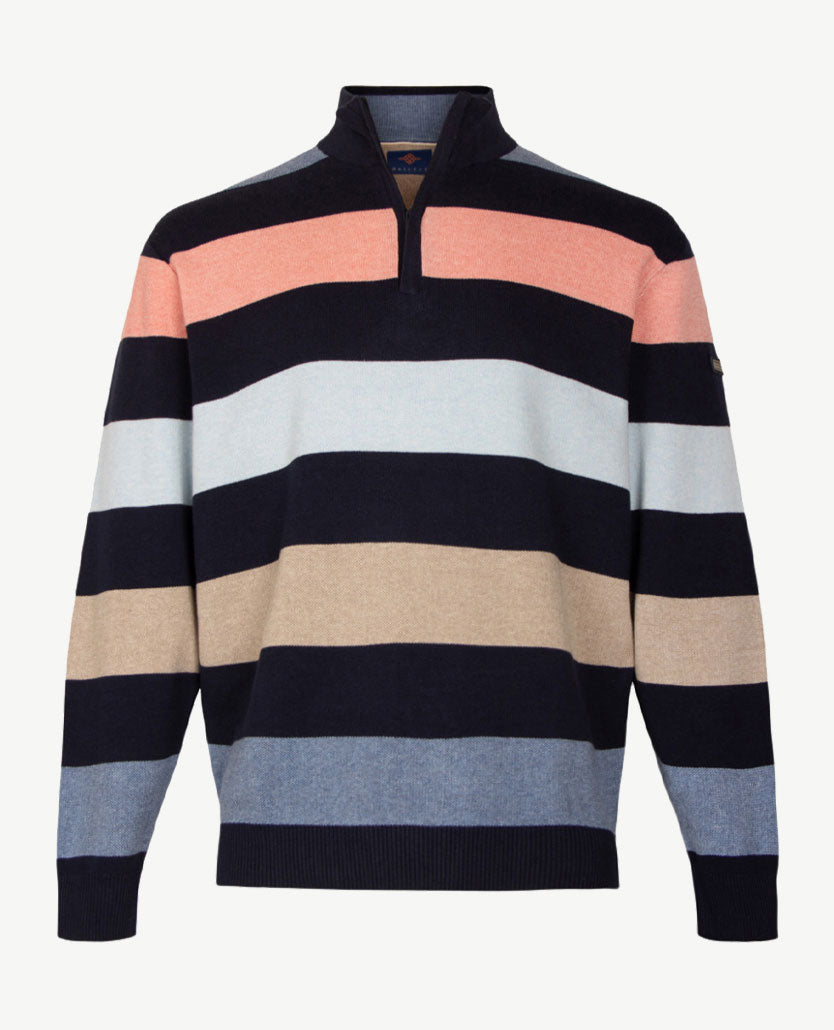 Baileys - Polo met rits - Gebreid - Streep koraal, blue, beige en navy