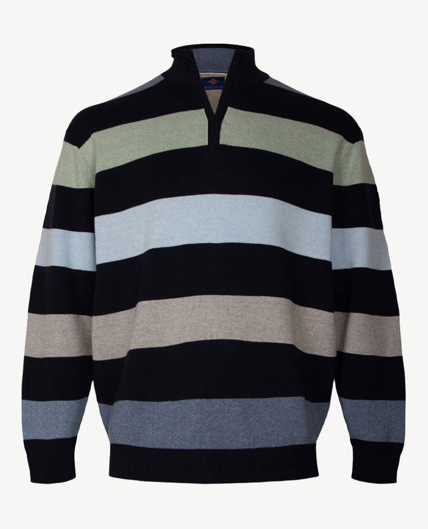 Baileys - Polo met rits - Gebreid - Streep Groen, navy, bleu en beige
