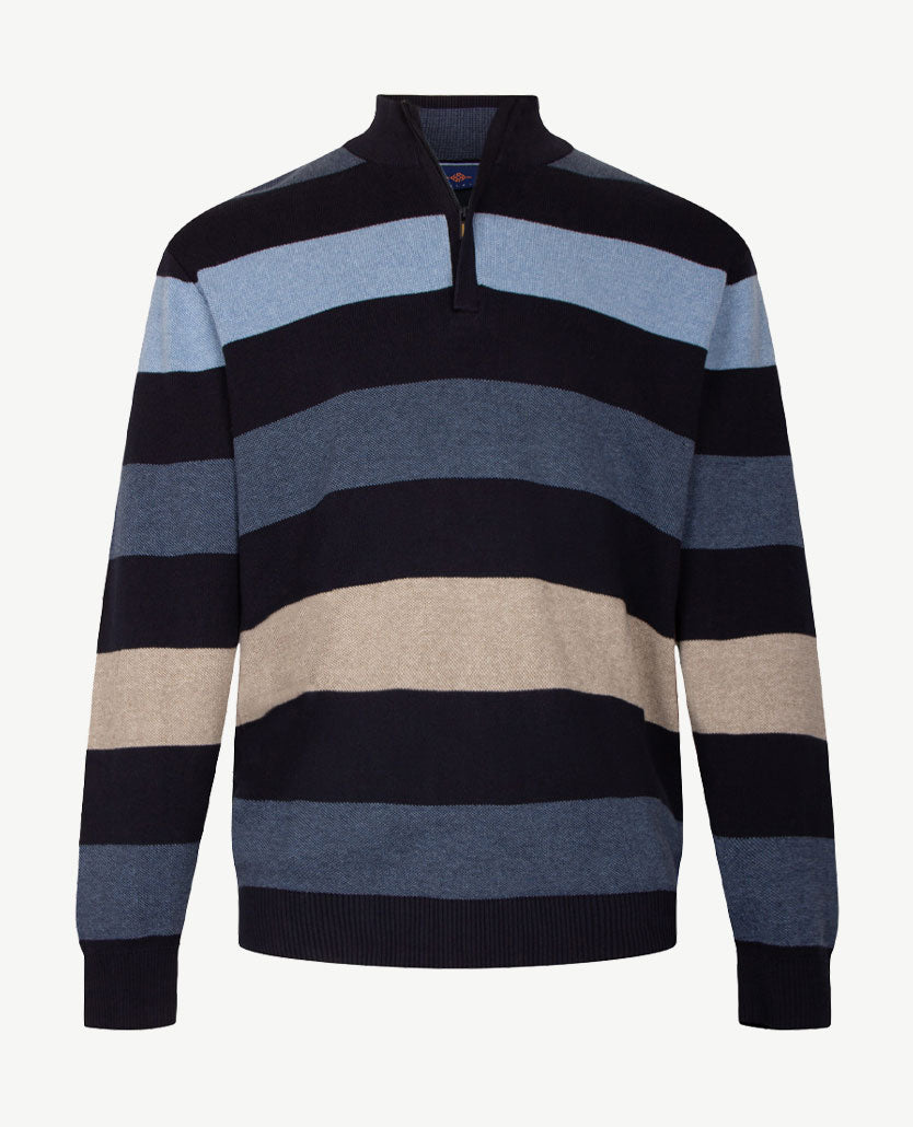 Baileys - Herenpolo met rits - Gebreid - Streep blue, beige, raf  en navy