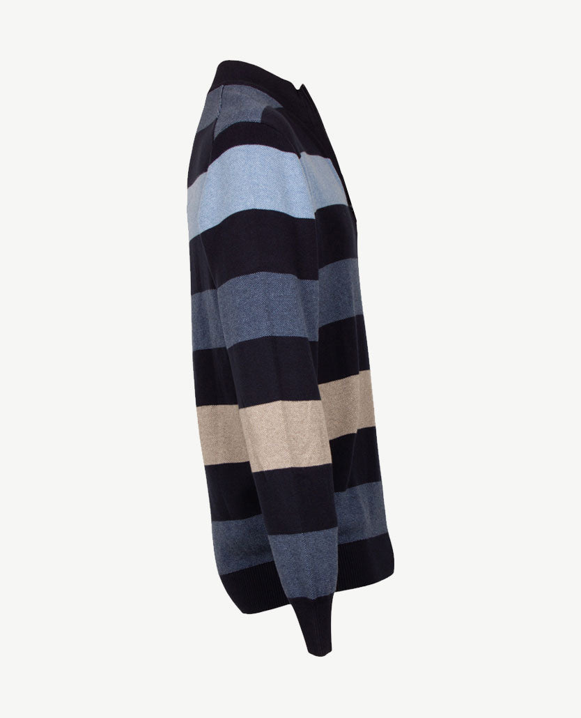 Baileys - Herenpolo met rits - Gebreid - Streep blue, beige, raf  en navy