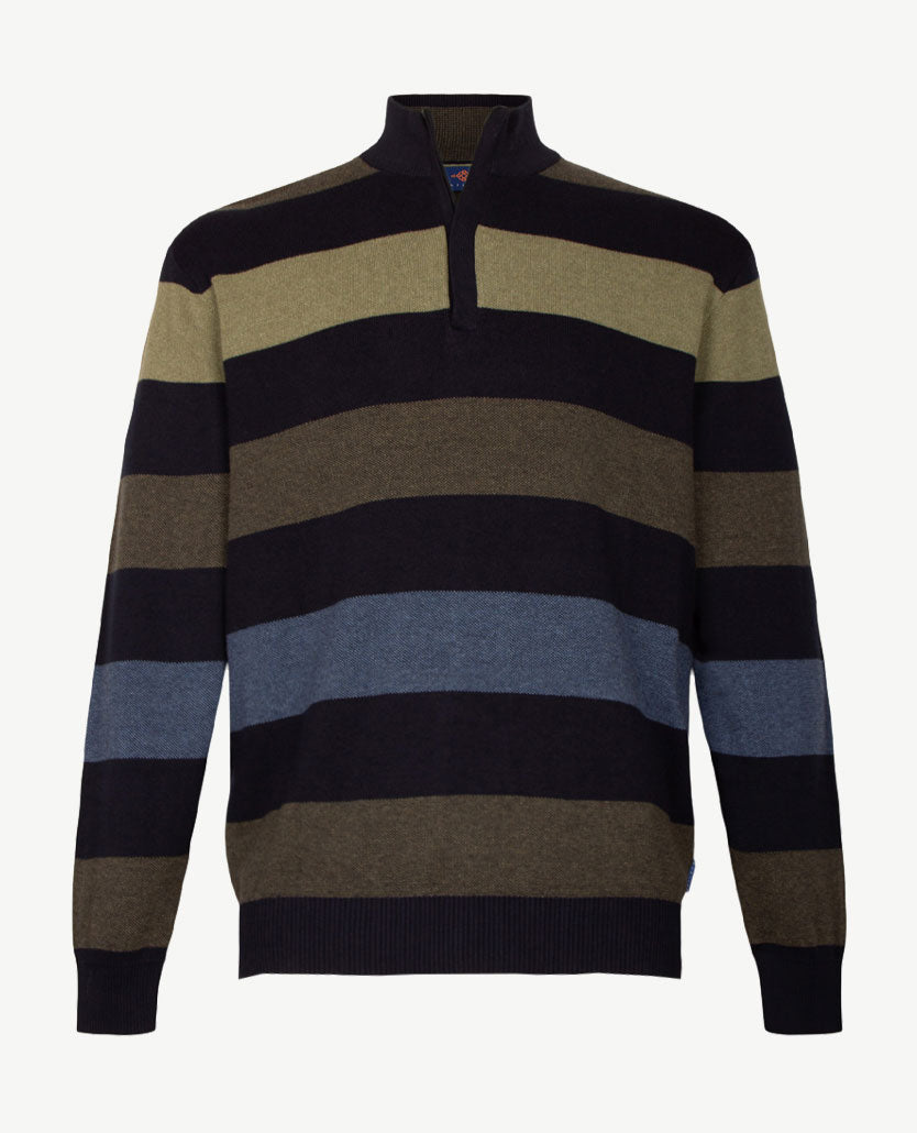 Baileys - Herenpolo met rits - Gebreid - Streep groen, khaki, bleu en navy