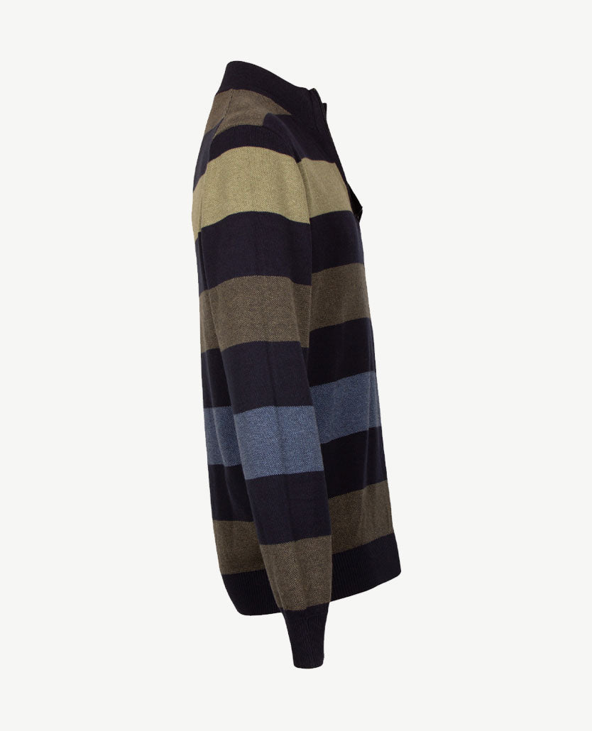 Baileys - Herenpolo met rits - Gebreid - Streep groen, khaki, bleu en navy