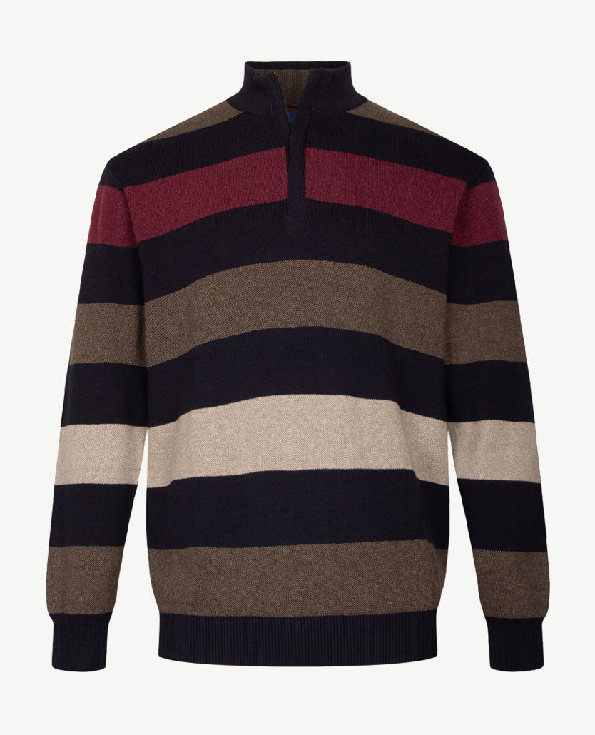 Baileys - Herenpolo met rits - Gebreid - Streep merlot, taupe, beige en navy