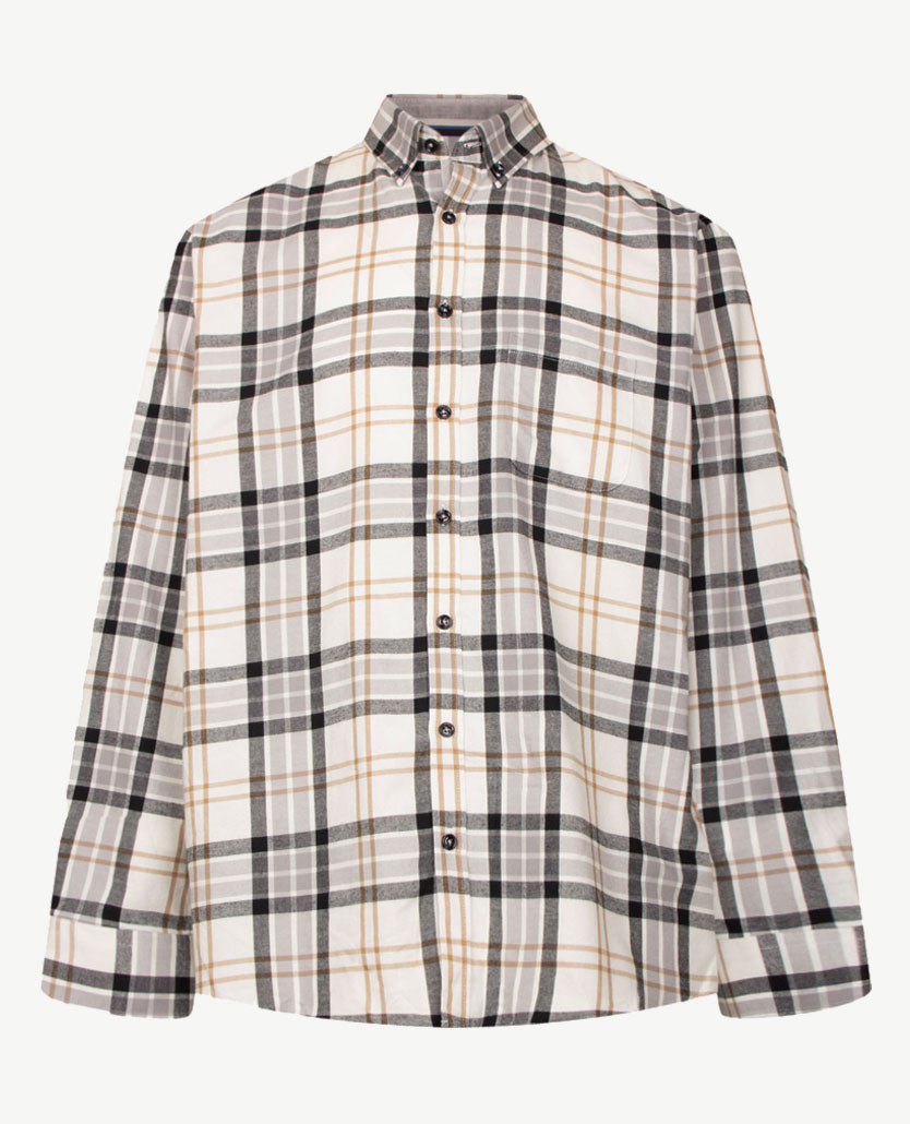 Brax - Overhemd heren - Daniel C - Flanel - Grote ruit - Antraciet met beige en off-white
