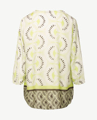Frank Walder - Blouse - V-hals boordje - Lime met kakhi en off-white