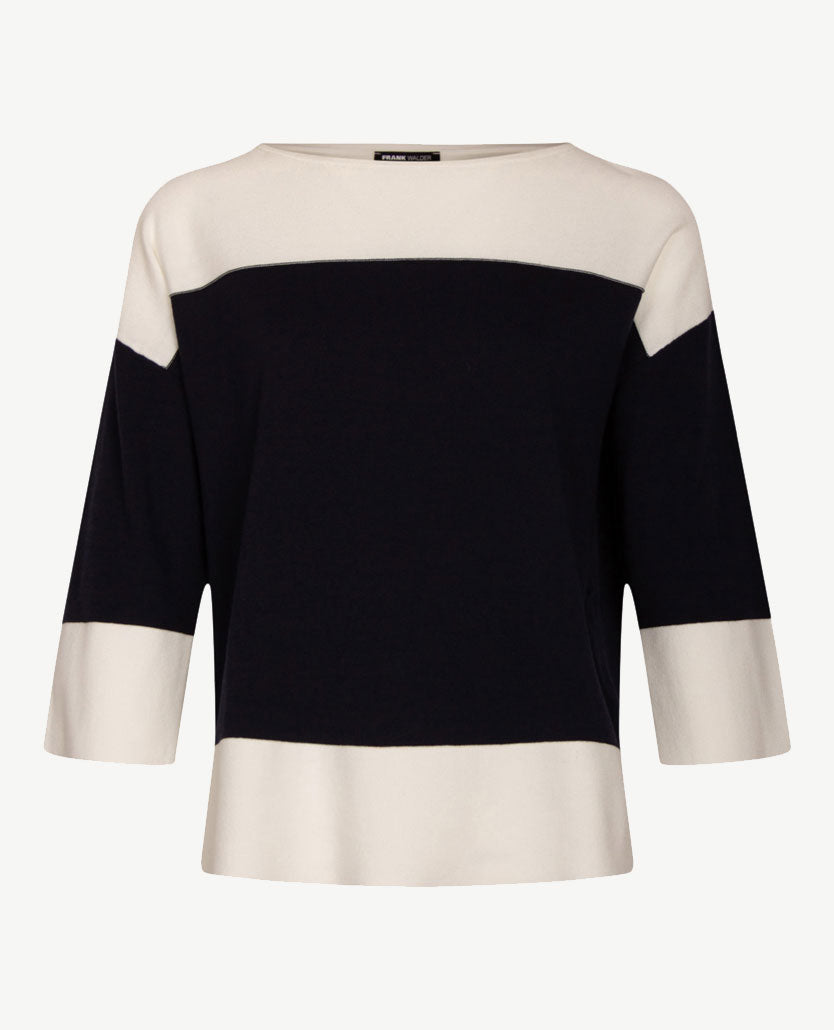 Frank Walder  - Pullover kleine boothals - Navy met off-white