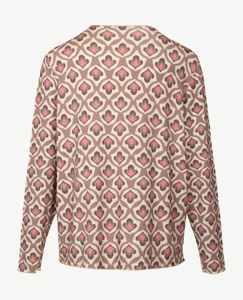 Frank Walder - Damestop - Ronde hals - jersey - Dessin met pink, taupe, choco en beige