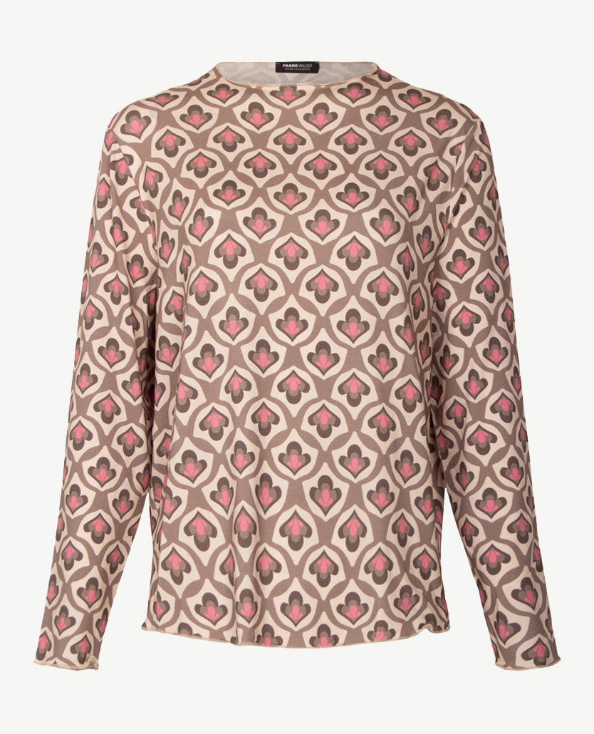 Frank Walder - Damestop - Ronde hals - jersey - Dessin met pink, taupe, choco en beige