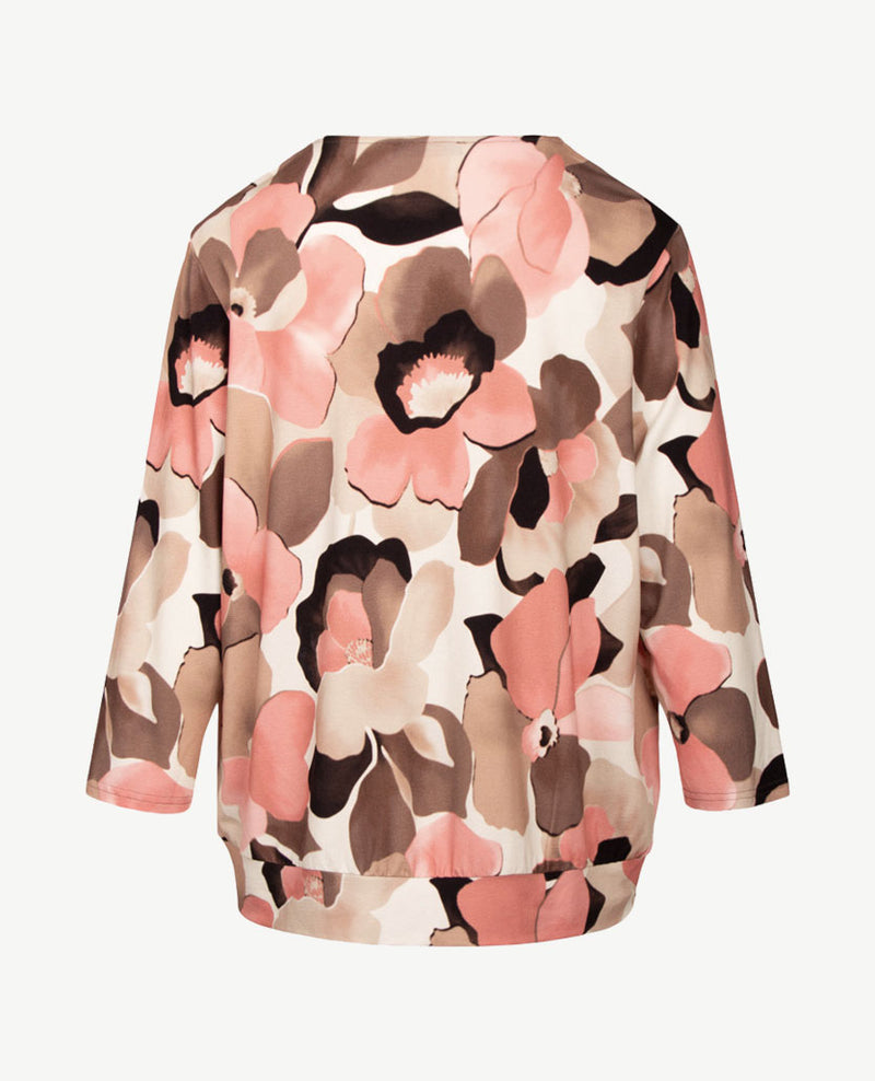 Frank Walder - Blouson - V- hals - Bloem - Warm rose met choco, taupe, beige en off-white