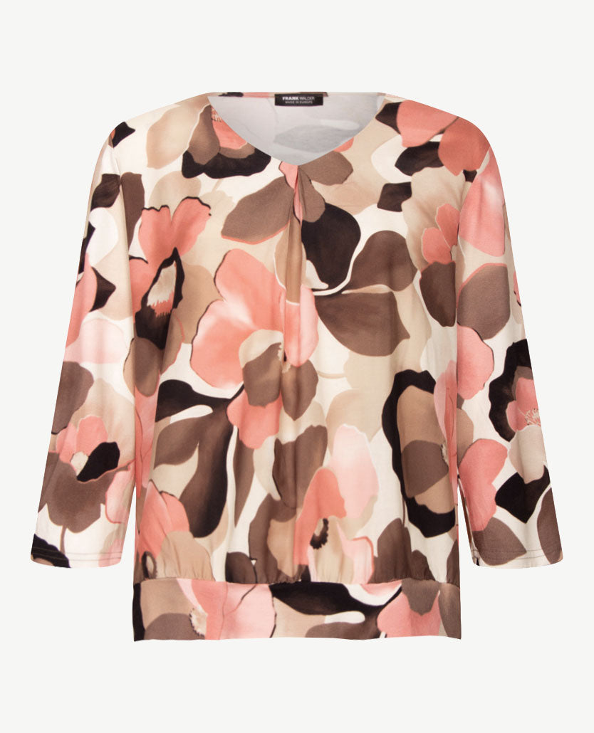 Frank Walder - Blouson - V- hals - Bloem - Warm rose met choco, taupe, beige en off-white