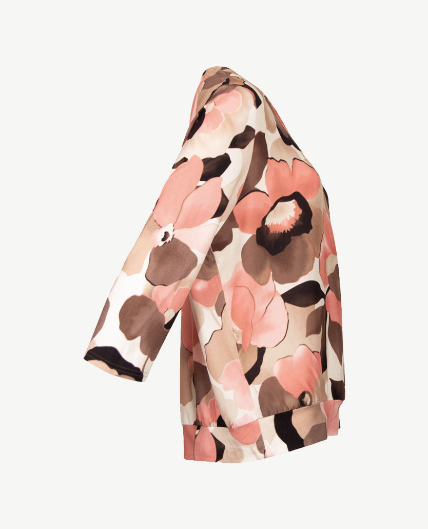 Frank Walder - Blouson - V- hals - Bloem - Warm rose met choco, taupe, beige en off-white