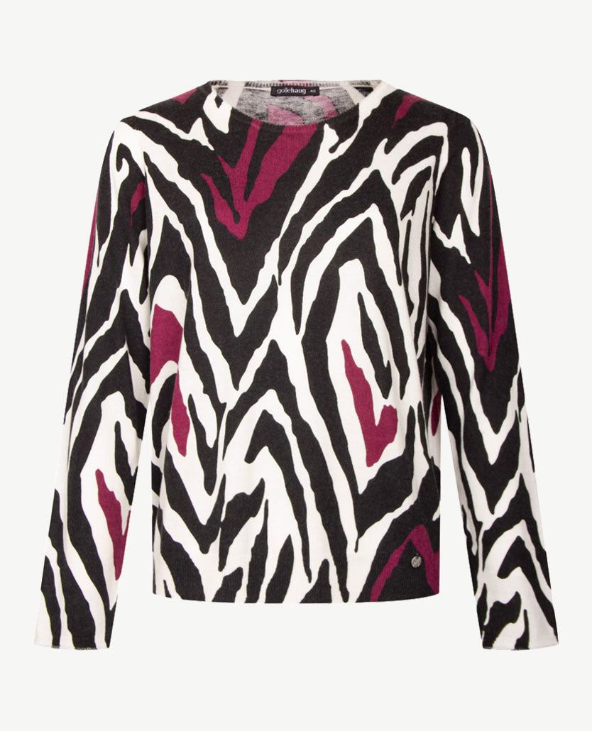 Gollé Haug - Dunne damespullover - Ronde hals - Antraciet met cream en burgundy