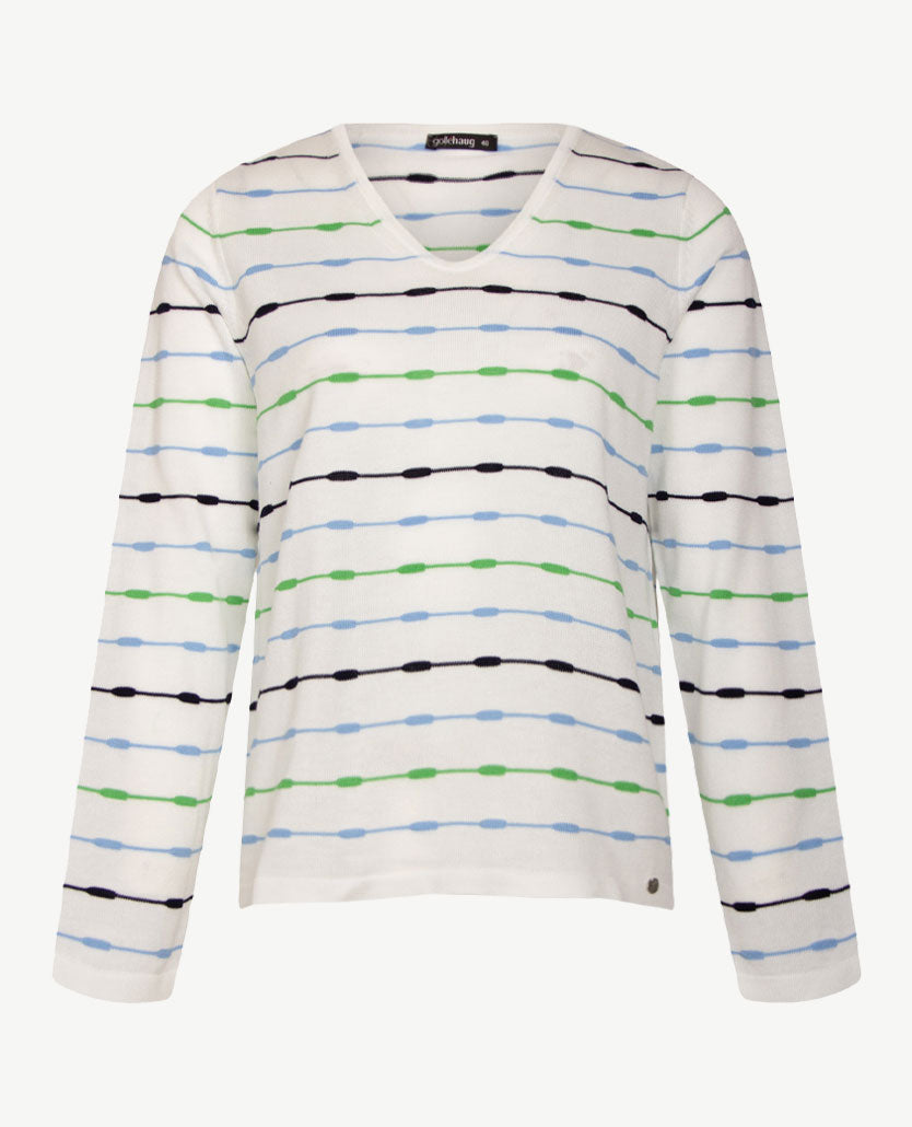 Gollé Haug - Lichte pullover V-hals - Wit met groen, blue en marine