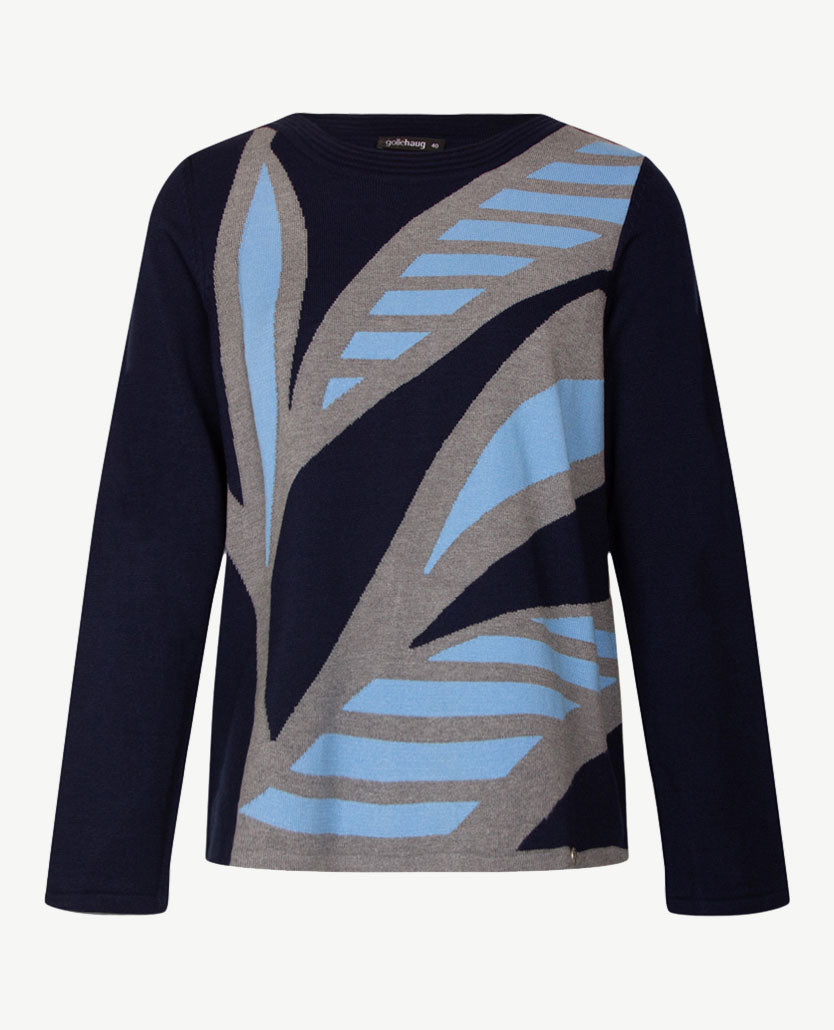 Gollé Haug - Damespullover ronde hals - Navy met grijs en blue