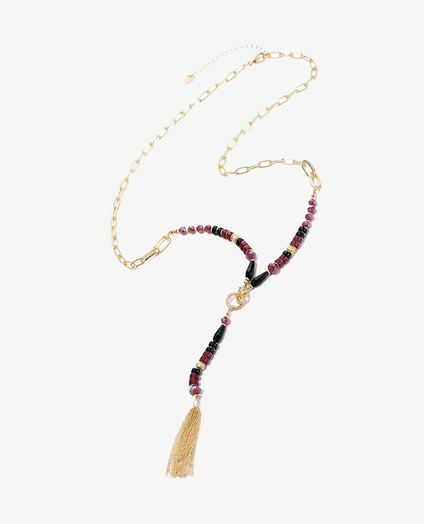 Lange ketting - Goudkleurig met burgundy, zwart en kwastje