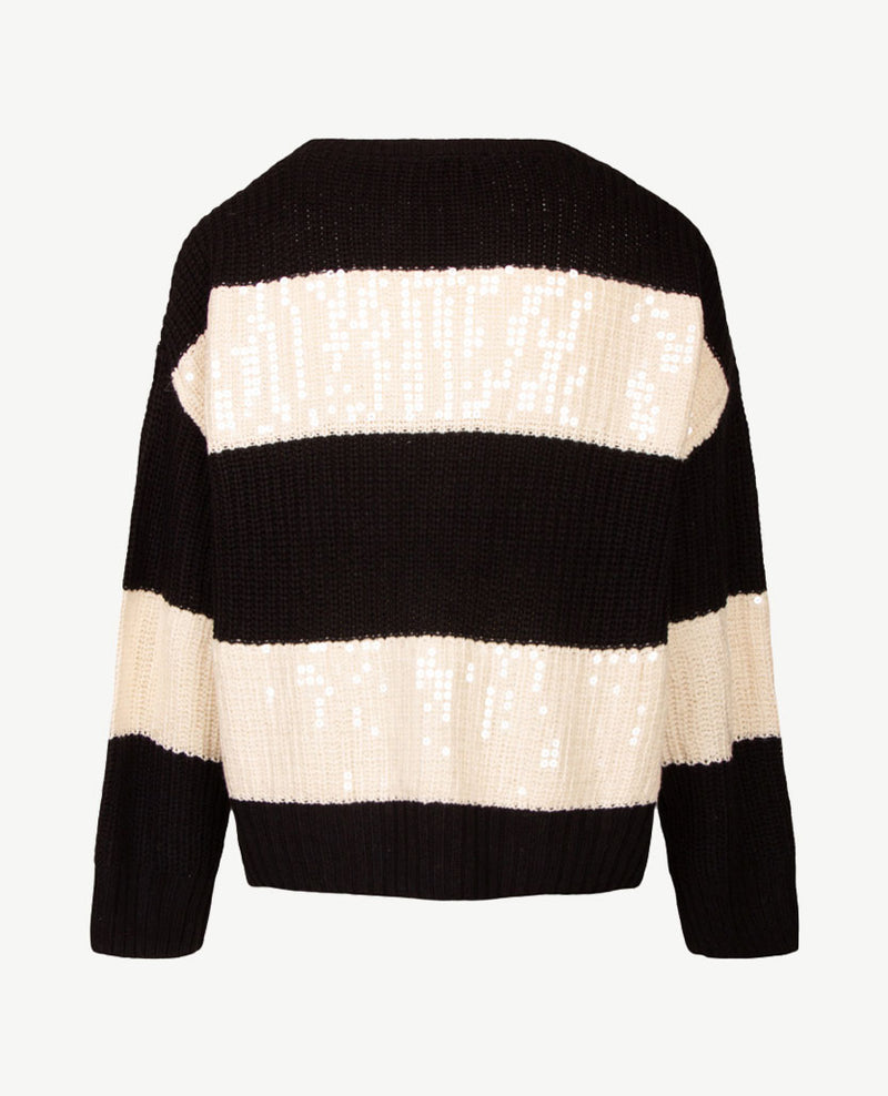 Le Comte - Pullover - Ronde hals - Streep zwart en off-white pailletten
