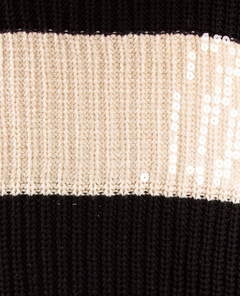 Le Comte - Pullover - Ronde hals - Streep zwart en off-white pailletten