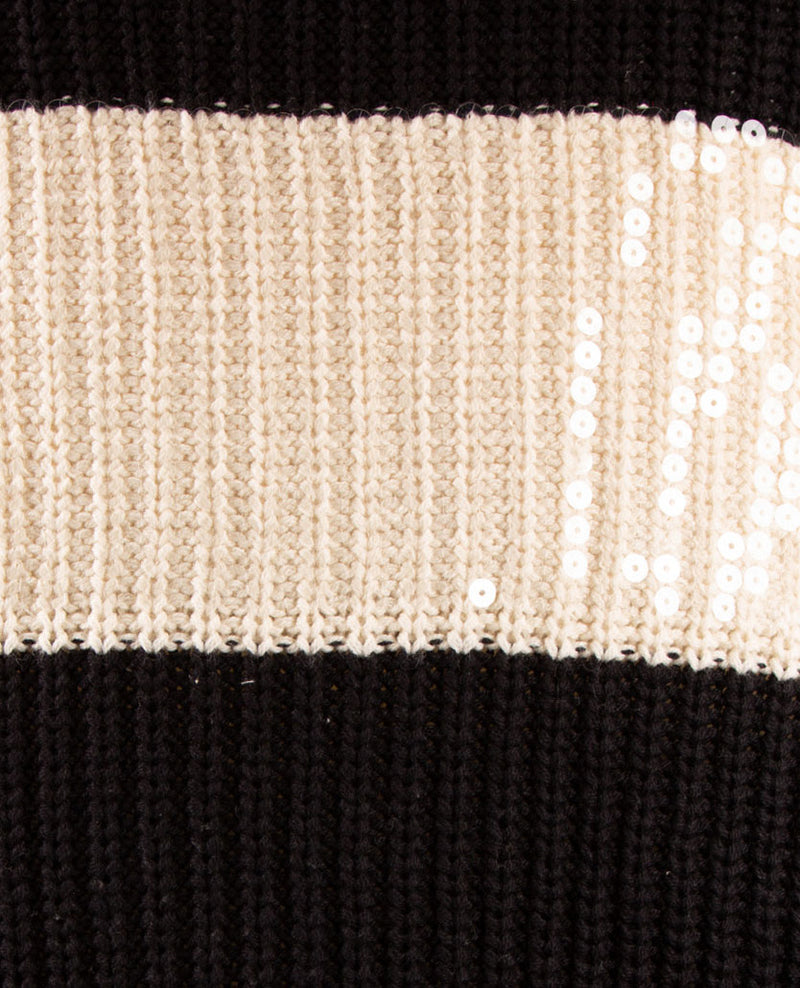 Le Comte - Pullover - Ronde hals - Streep zwart en off-white pailletten