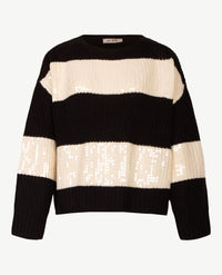 Le Comte - Pullover - Ronde hals - Streep zwart en off-white pailletten