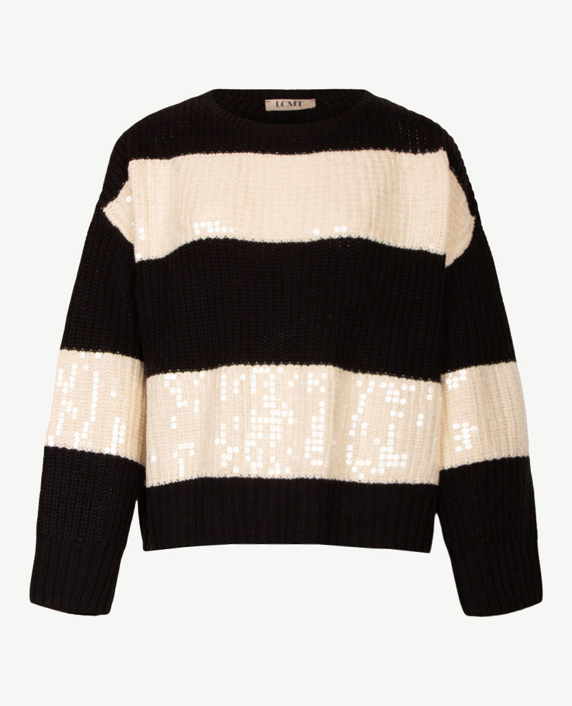 Le Comte - Pullover - Ronde hals - Streep zwart en off-white pailletten