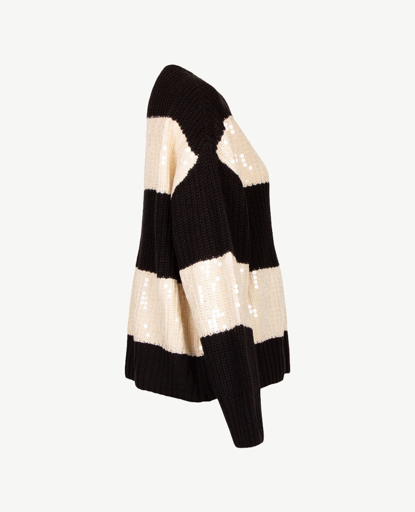 Le Comte - Pullover - Ronde hals - Streep zwart en off-white pailletten