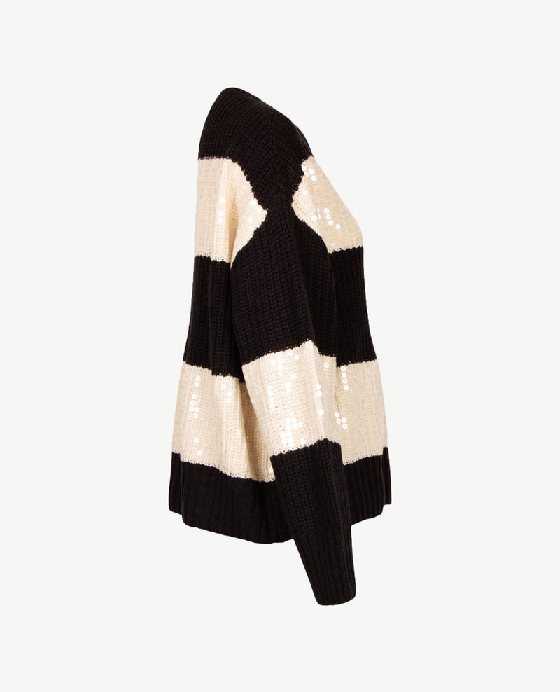 Le Comte - Pullover - Ronde hals - Streep zwart en off-white pailletten