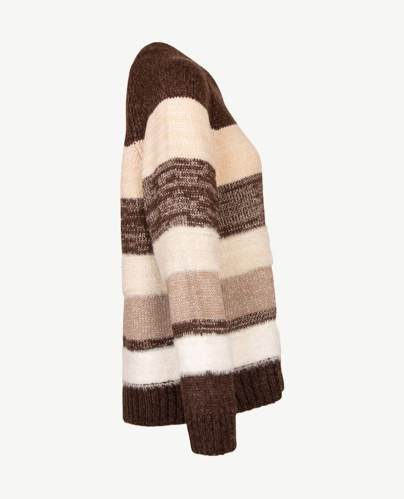 Le Comte - Pullover - Ronde hals - Streep choco met off-white en beige met glansje
