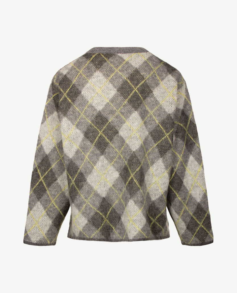 Le Comte - Damespullover - Ronde hals - Ruit grijs met yellow en off-white