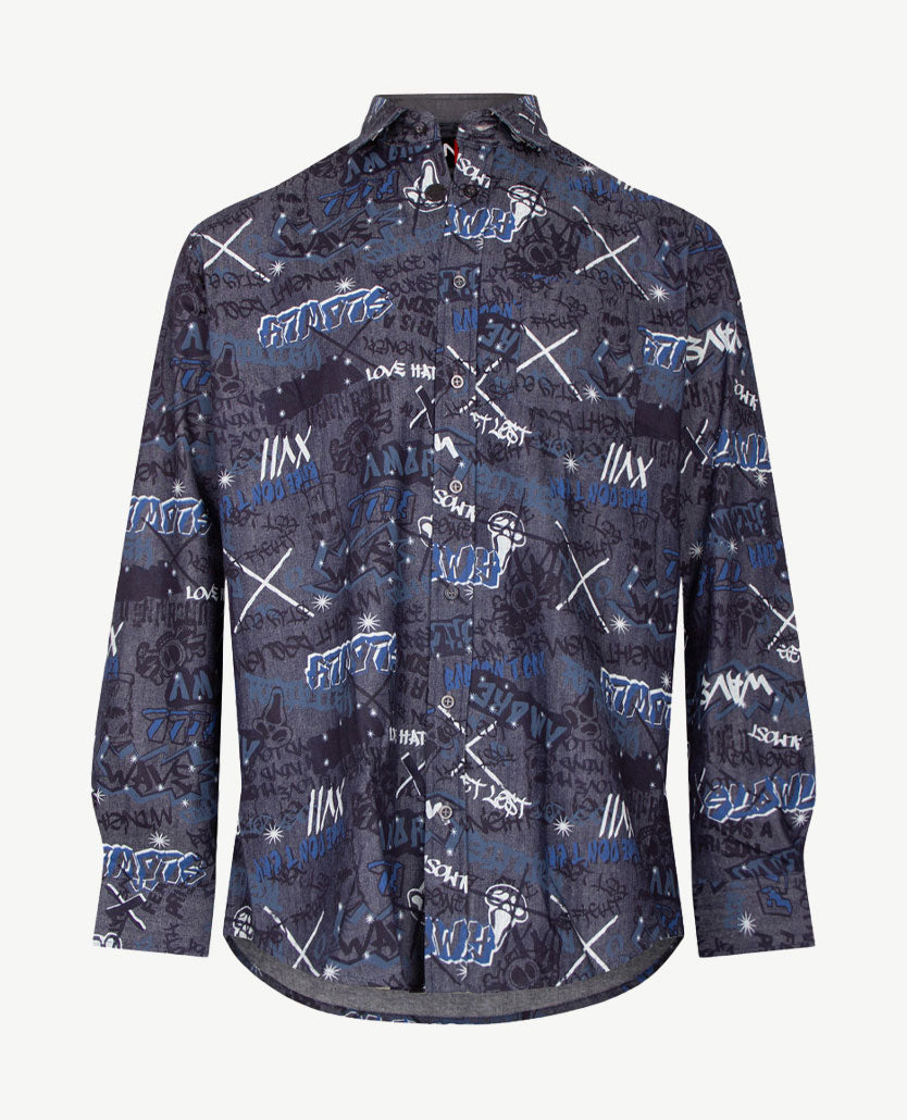 No Buttons®  by D.Y.P - Overhemd zonder knopen - Patrick - Denim met print