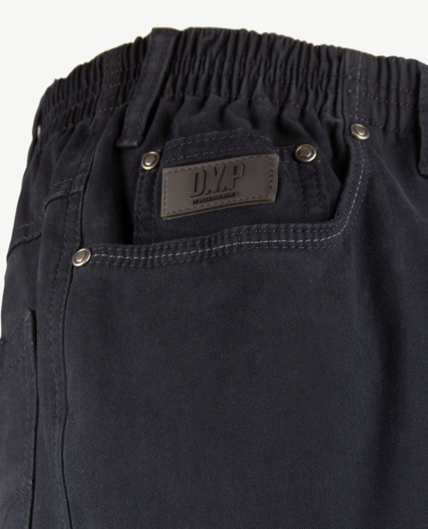D.Y.P. Oliver 5-pocket instapbroek heren, katoen, marine, detail elastische band en stof van dichtbij