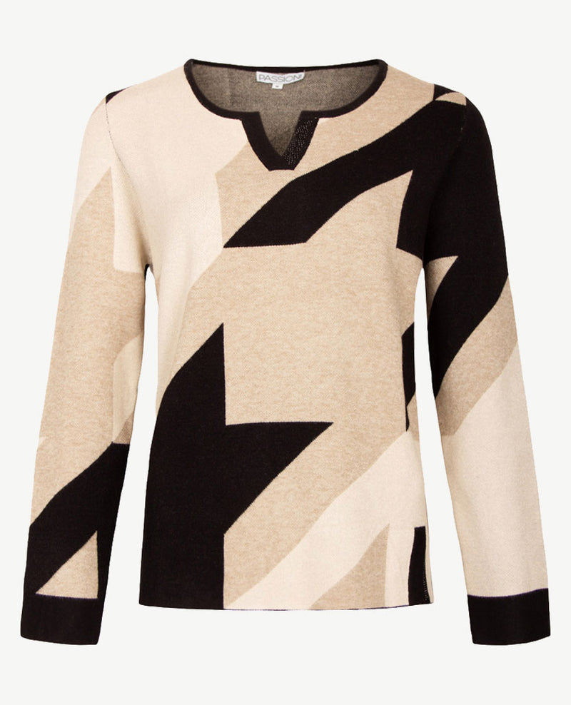 Passioni - Pullover - Ronde v-hals - Vlakken met beige, off-white en zwart