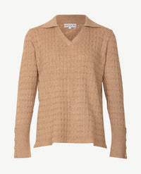 Passioni - Damespolo gebreid - V-hals - Kabel taupe