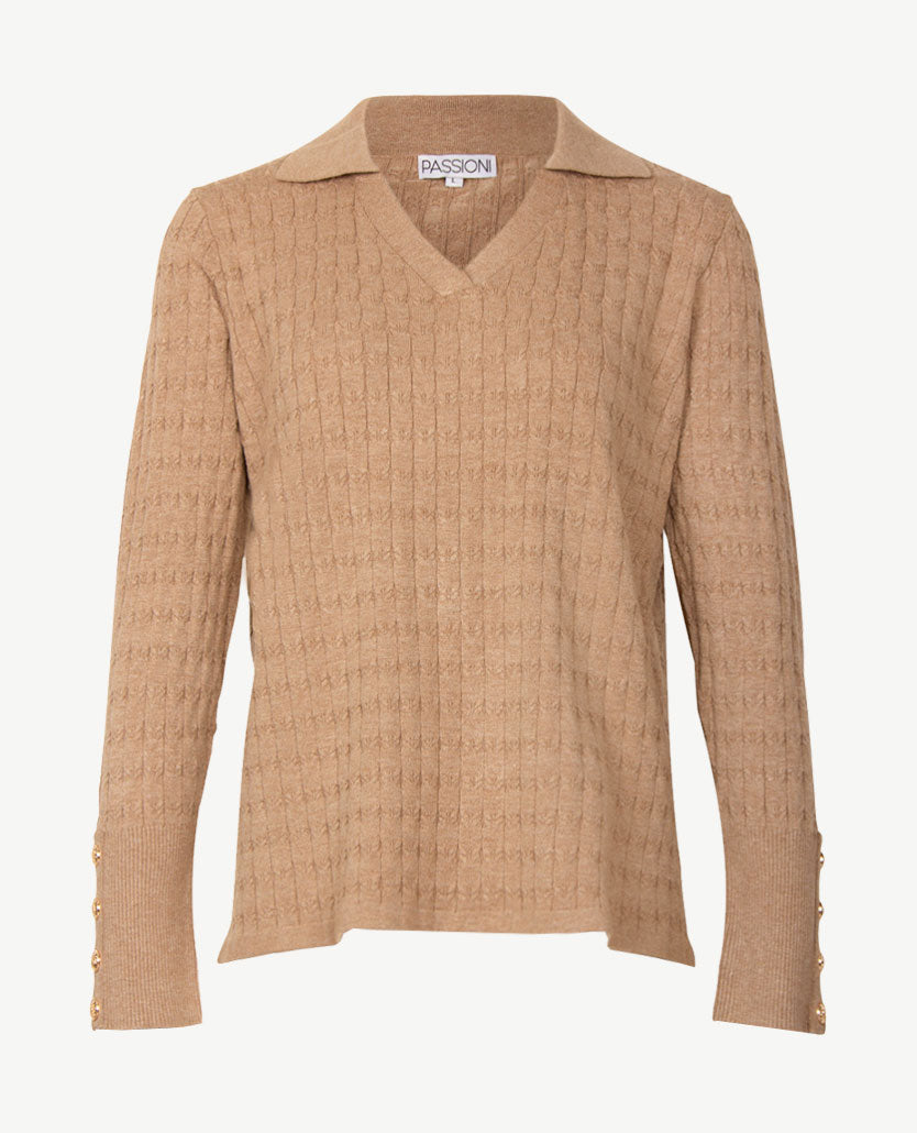 Passioni - Damespolo gebreid - V-hals - Kabel taupe