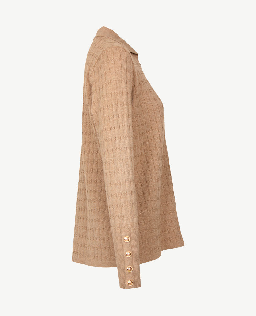 Passioni - Damespolo gebreid - V-hals - Kabel taupe