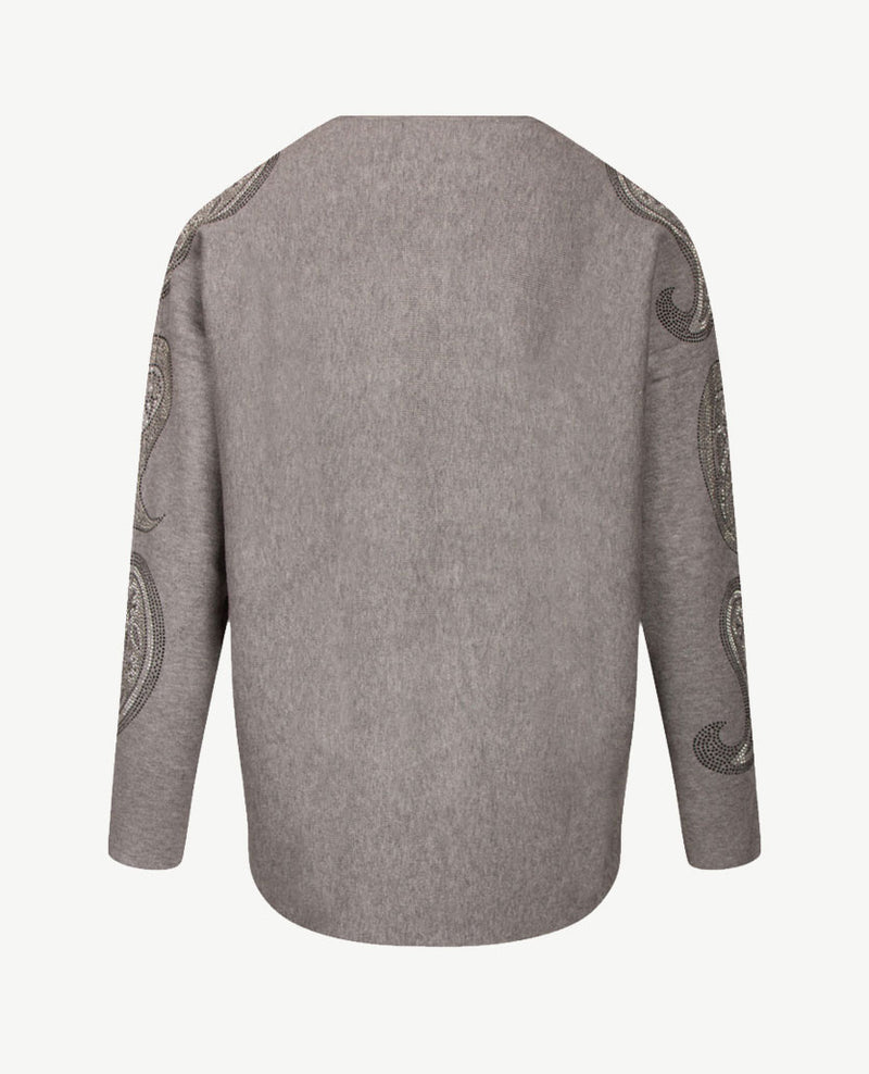 Passioni - Pullover - Ronde hals - Grijs mêlée met glitter op mouw